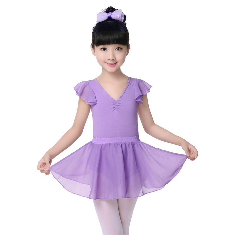 Ropa de práctica de baile de una pieza para niñas Chaleco de manga corta para niños con cuello en V doble manga de hilo de gasa ropa de graduación de baile ropa de cuerpo