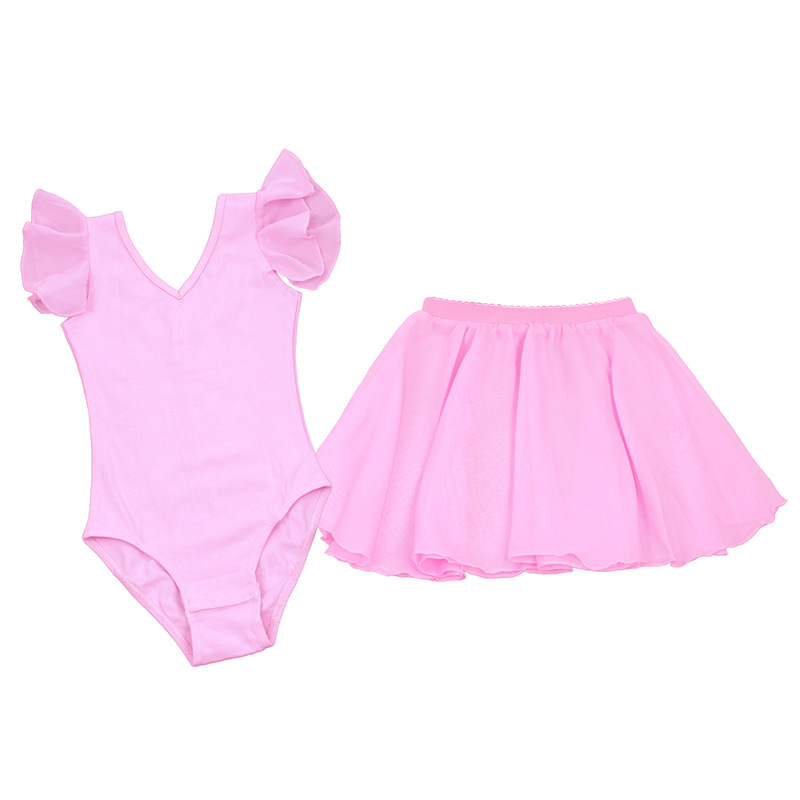 Ropa de práctica de baile de una pieza para niñas Chaleco de manga corta para niños con cuello en V doble manga de hilo de gasa ropa de graduación de baile ropa de cuerpo