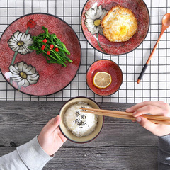 歐美客創意日式米飯碗4.5英寸手繪復古陶瓷小碗紅色盤碗套裝餐廳