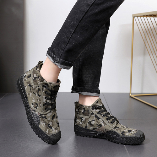 Lutai spring and autumn construction site rubber shoes labor shoes labor protection shoes rubber sole high-top military training shoes wear-resistant cotton canvas training shoes