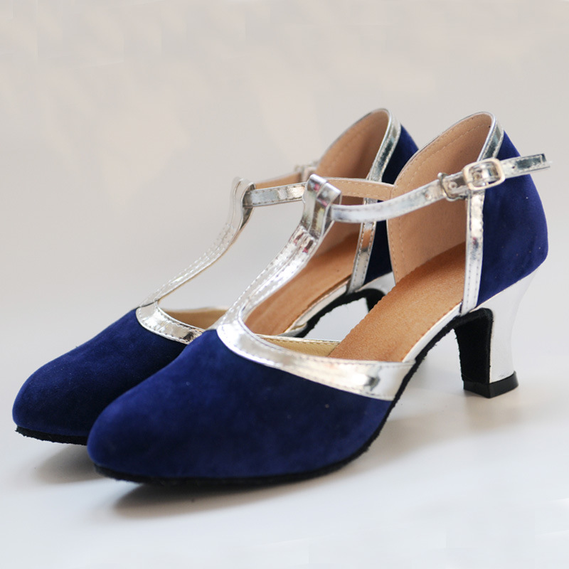 Zapatos de Danza Latina de gamuza para mujer zapatos de baile latino cerrado pie suave medio talón cuadrado baile zapatos suela de goma zapatos de baile