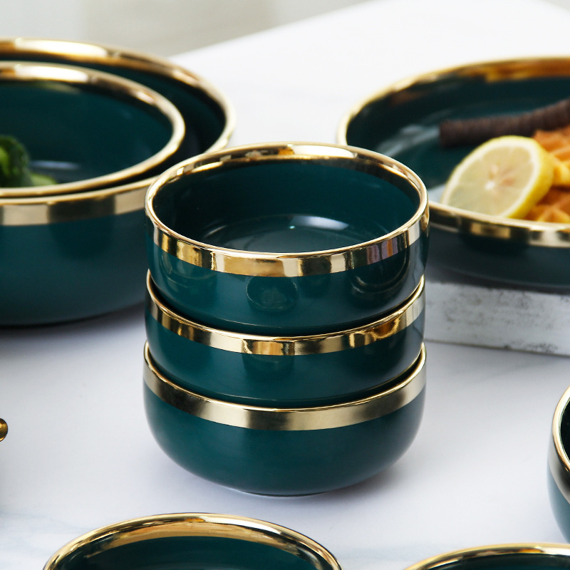 Creative Green Gold-Rimmed Plates and Dishes Ceramic Tableware Set European Luxury Hotel Restaurant Home Gifts Wholesale Creative Green Gold-Rimmed Plates and Dishes Ceramic Tableware Set European Luxury Hotel Restaurant Home Gifts Wholesale
