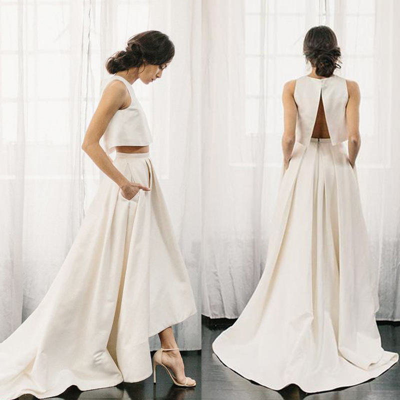 Felisha Two-Piece Satin Wedding Dress with Short Front and Long Back, Off-Shoulder, Backless, with a Small Train for Travel Photography and Wedding