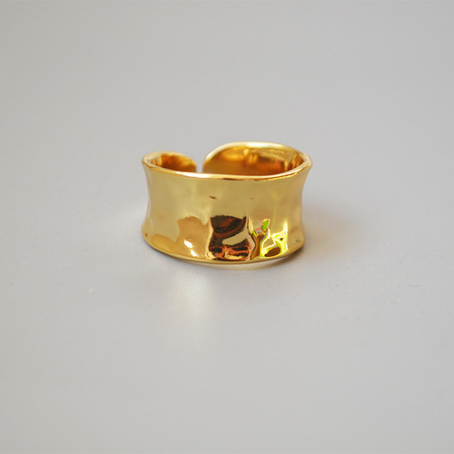 European and American Style Unique Retro Embossed Irregular Brass Plated with Real Gold Adjustable Opening Ring for Index Finger, Women's Ring