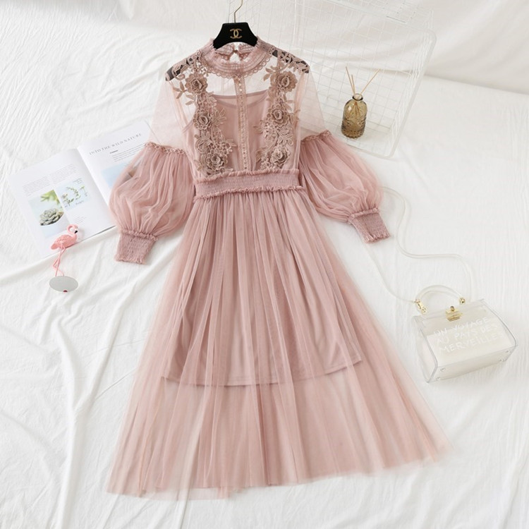 Lace Dress 2023 Spring and Summer New Arrival Korean Style Women's Three-Dimensional Flower Base Slip Top Set Mesh Dress