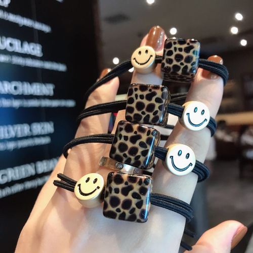 Leopard print acrylic square smiley face high elastic head rope temperament bun hair loop rope