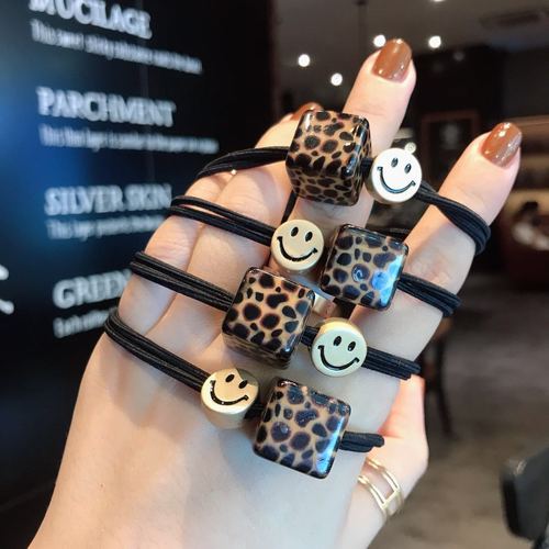 Leopard print acrylic square smiley face high elastic head rope temperament bun hair loop rope