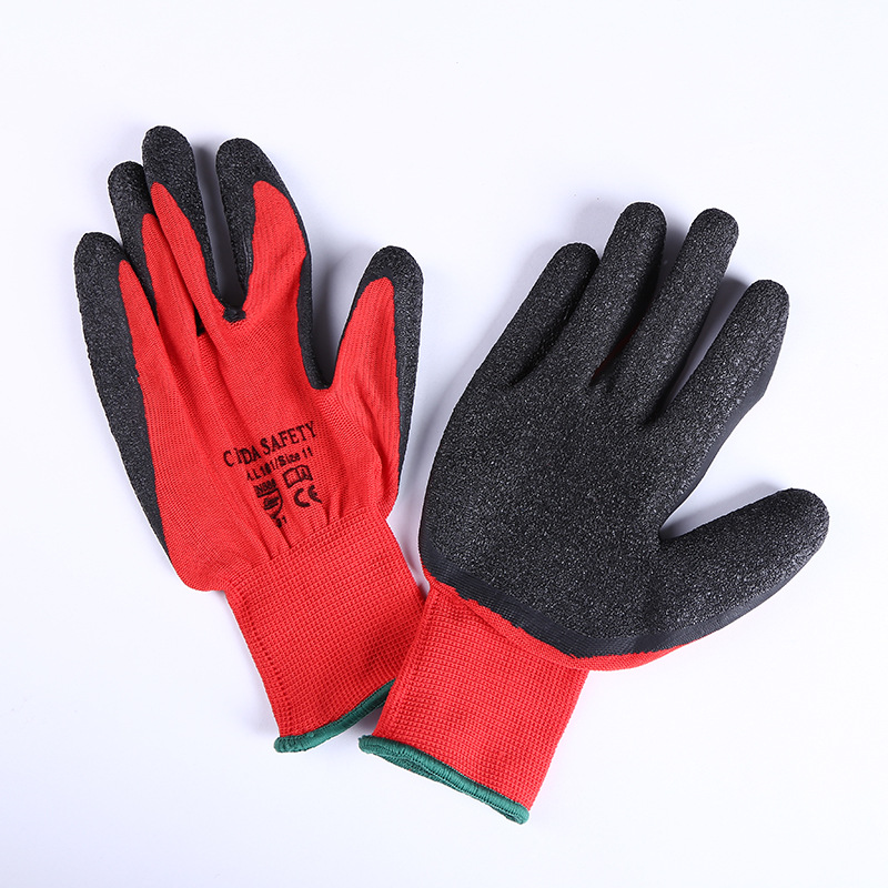 红纱黑皱皱手套 劳保防护防滑手套 起皱乳胶浸胶涂掌手套跨境直供