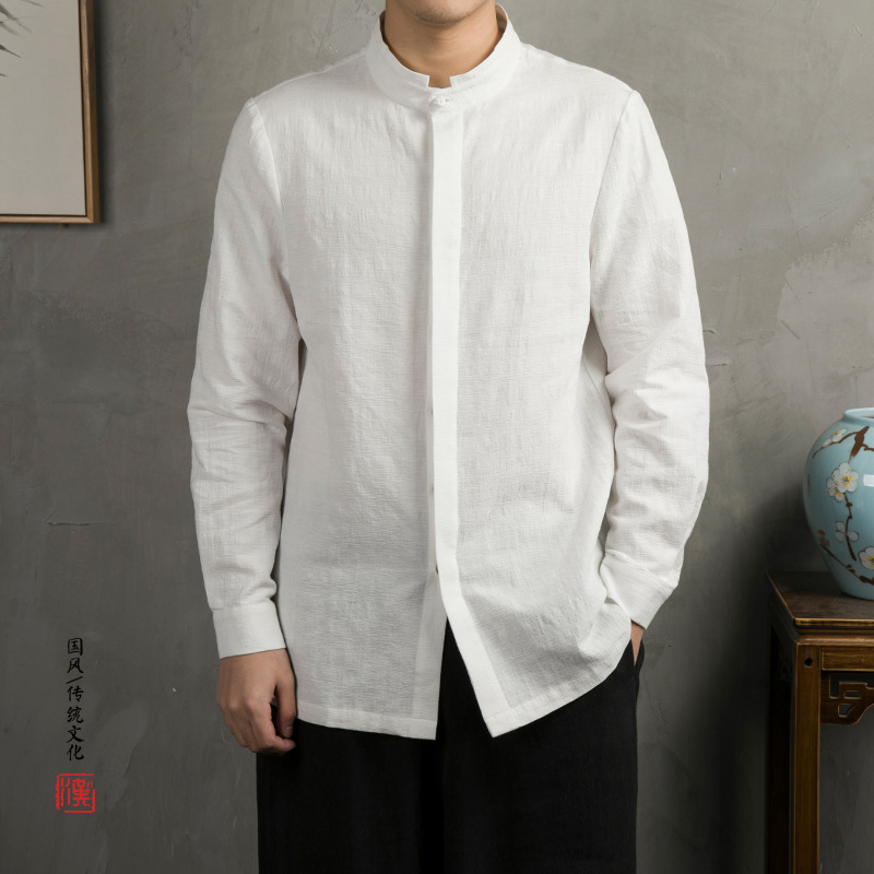 Chinese Style Men's Solid Color Stand Collar Long-Sleeved Shirt