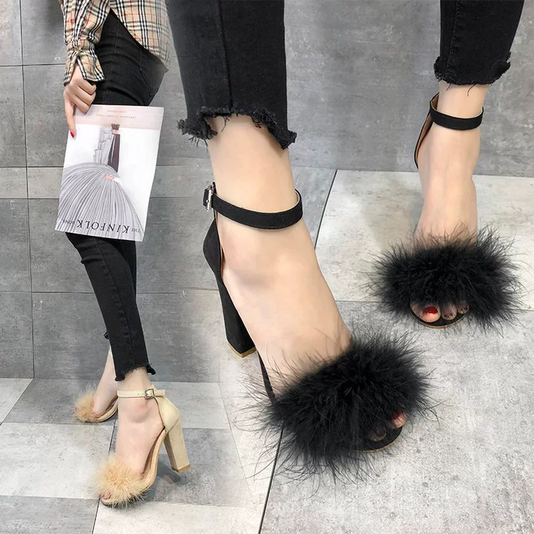 Wish AliExpress, новинка, женская обувь большого размера с открытым носком и мелким ртом, сандалии на высоком каблуке с пряжкой из меха кролика, женская обувь на меху