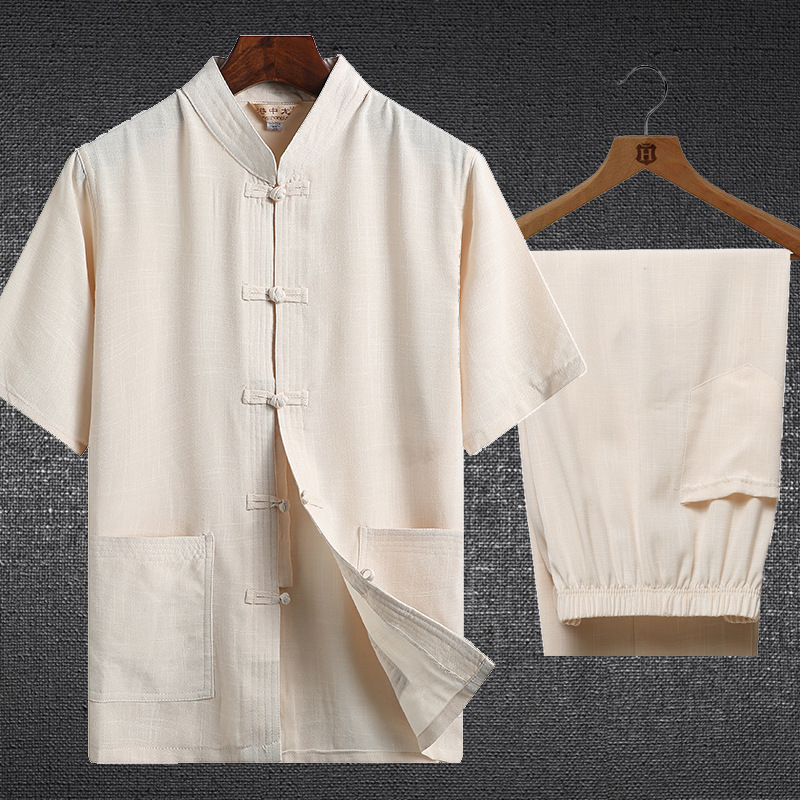 Summer Middle-Aged and Elderly Linen Tang Suit Short-Sleeved Suit Men's Chinese Han Dynasty Chinoiserie Cotton and Linen Layman Suit Men's