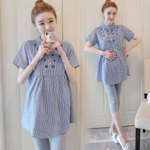 2023 Korean Fashion Pregnant Women's Dress Spring and Summer Striped Pregnant Women's Top Long Sleeve Loose Pregnant Women's Fashion