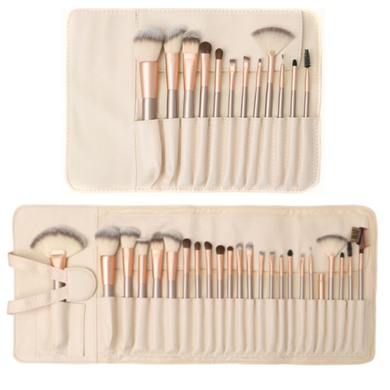 Factory wholesale 18/12 off-white cosmetic brush set fan-shaped 24 champagne cosmetic synthetic wool