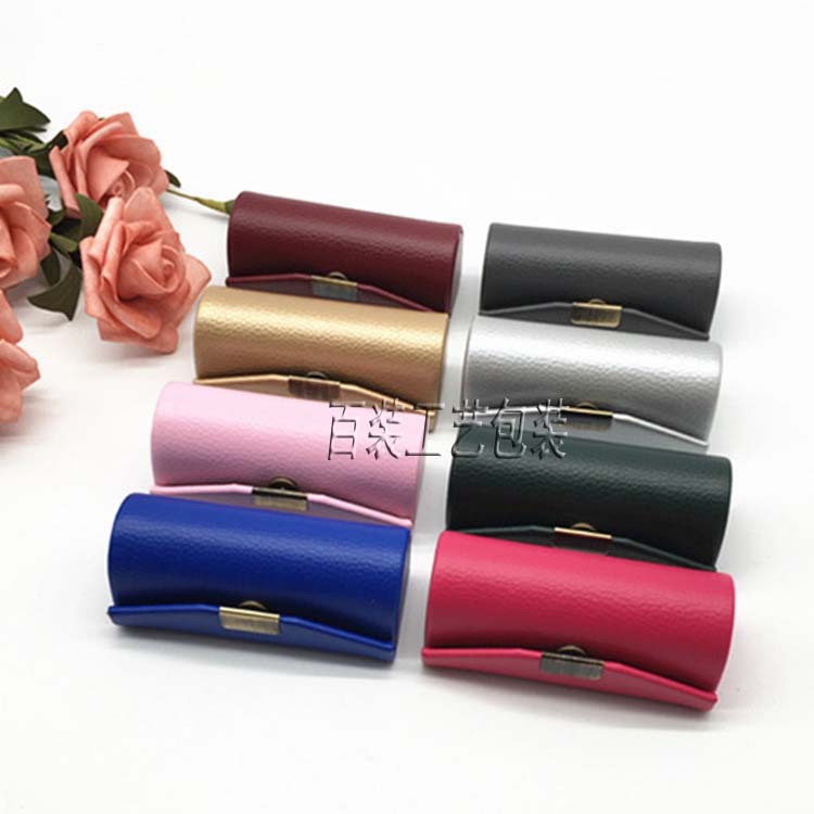 PU荔枝纹单支纽扣口红盒唇膏盒带镜子饰品收纳盒