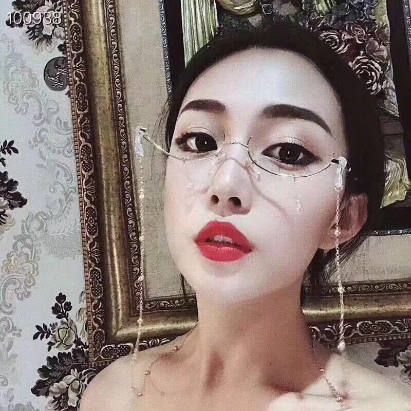 Douyin's Same Decorative Mirror Without Lens Metal Glasses Ins Lower Half Frame Water Drop Decorative Chain Pendant Glasses Frame