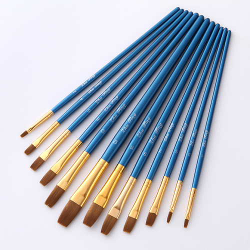 Cross-border 12-piece nylon hair flat head nylon hair brush set pearlescent blue rod oil painting brush art wooden