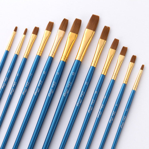 Cross-border 12-piece nylon hair flat head nylon hair brush set pearlescent blue rod oil painting brush art wooden