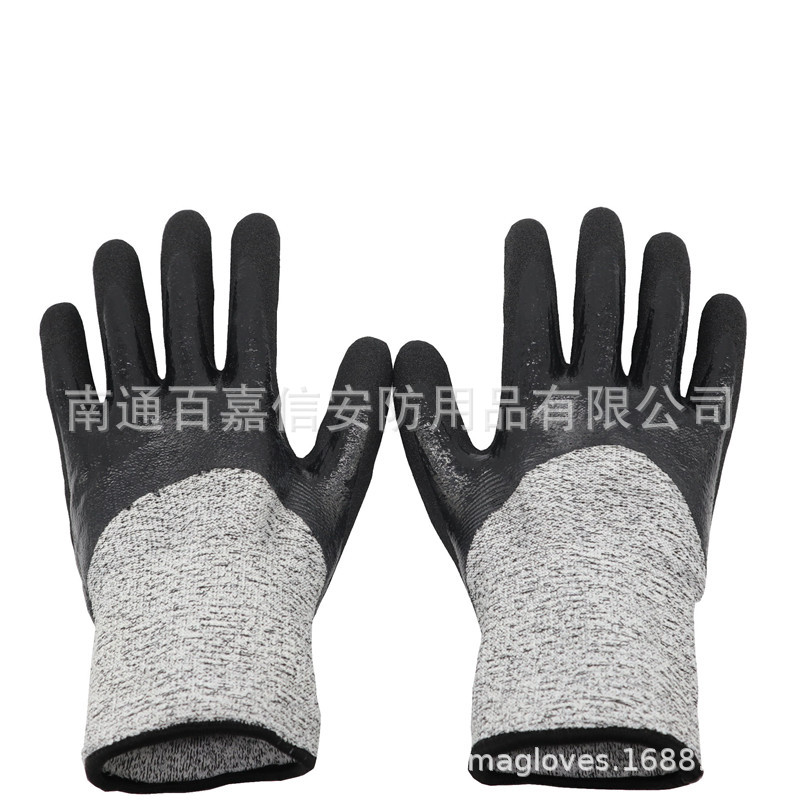 手套出口HPPE丁腈磨砂双浸3/4浸防切割五级手套