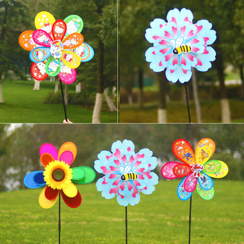 Hot selling children's cartoon windmill plastic double layer colorful sunflower windmill traditional windmill outdoor toys wholesale