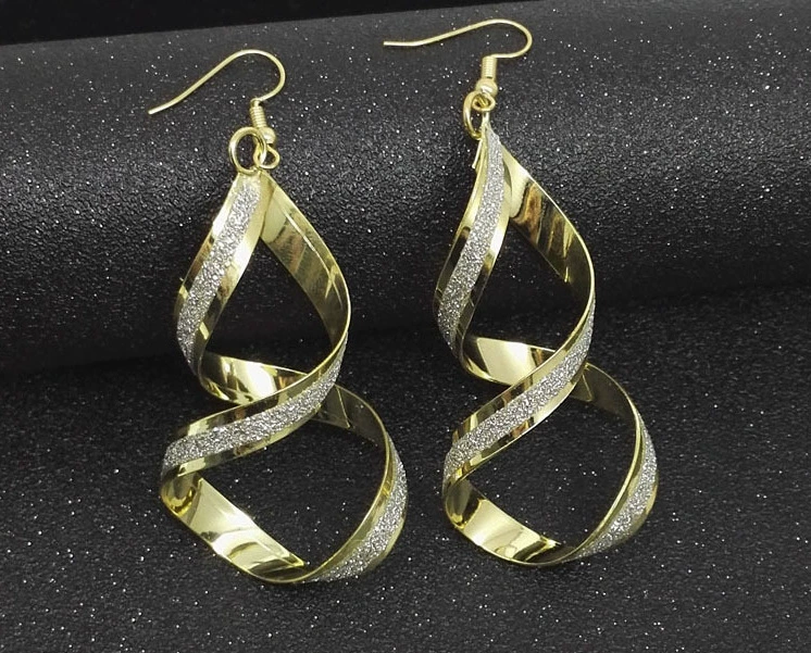 Earrings — European punk style, metallic twists and drops, gold/silver/black, lightweight