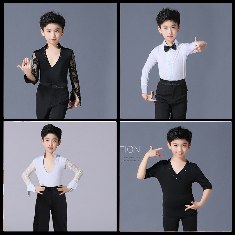Boys' Practice Clothing Summer and Autumn Boys' Latin Dance Competition Clothing Top Long and Short Sleeve Children's Regulations for Grade Examination Performance Clothing