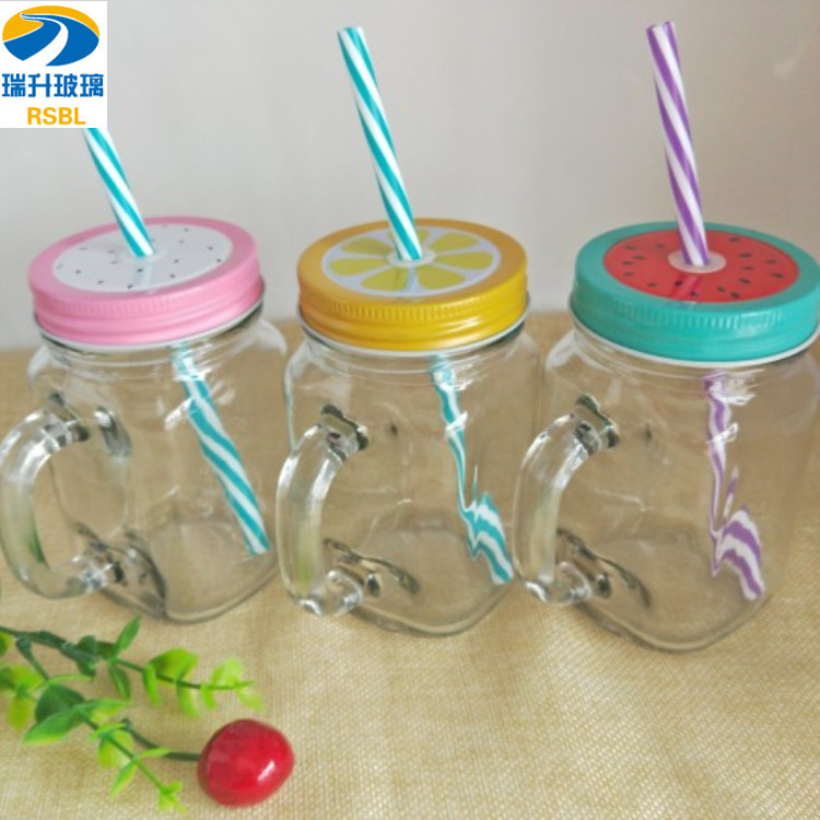现货批发400ml透明把手杯玻璃梅森杯光身把子杯广口饮料杯公鸡杯