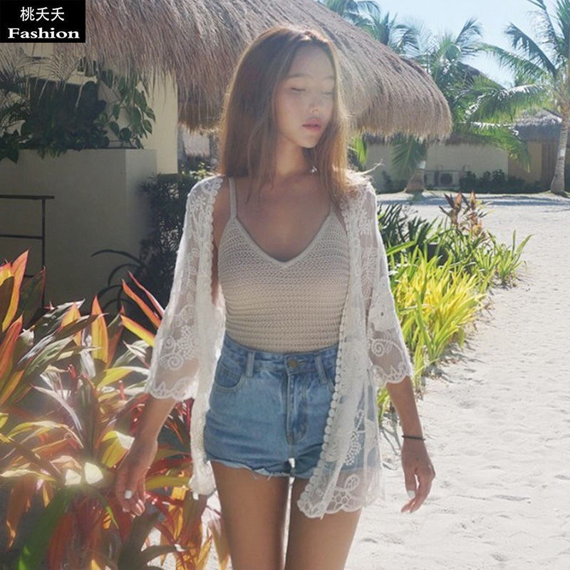 Korean Style Lace Shirt Cardigan Coat Mesh Rose Sun-protective Clothing Beach Mid-length Air-conditioning Shirt Women's Shawl Korean Style Lace Shirt Cardigan Coat Mesh Rose Sun-protective Clothing Beach Mid-length Air-conditioning Shirt Women's Shawl