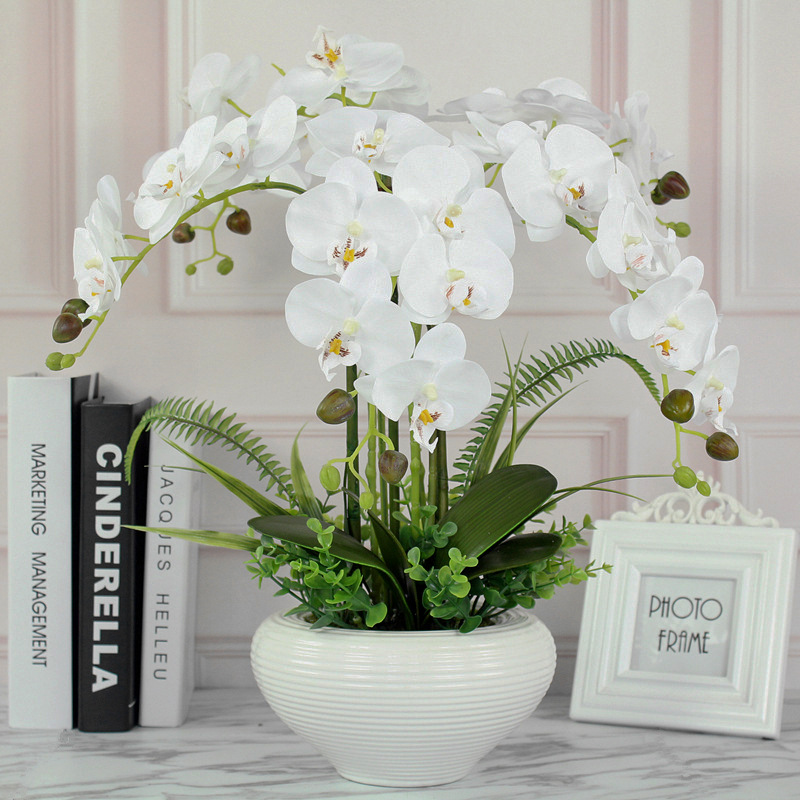 Orquídea artificial Phalaenopsis en maceta de cerámica grande, decoración de interior, flores de seda realistas