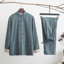 中国风棉麻唐装男长袖套装春秋款中式复古亚麻外套禅修居士服茶服