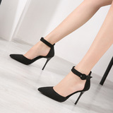 2021 Spring New pointed toe black high heel shoes suede shallow mouth stiletto heel small size fresh buckle sandals for women