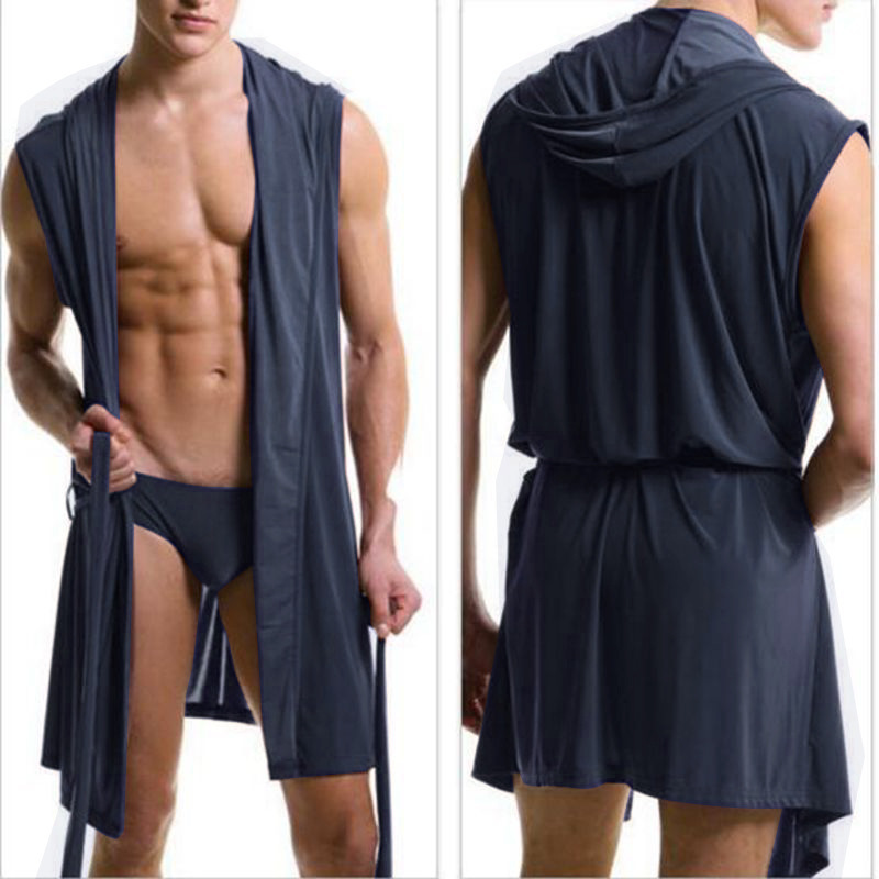 Wish Popular European Version Men's Bathrobe Cool Silky Men's Hooded Sleeveless Bathrobe N2N Men's Bathrobe Cross-Border