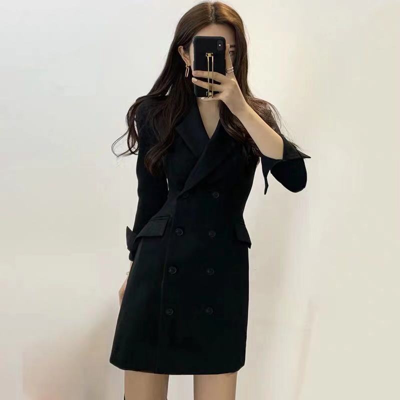 2025 Spring and Autumn New Korean Mid-Length Slim Fit Small Suit Jacket Double-Breasted Long Sleeve Dress Women's Trend