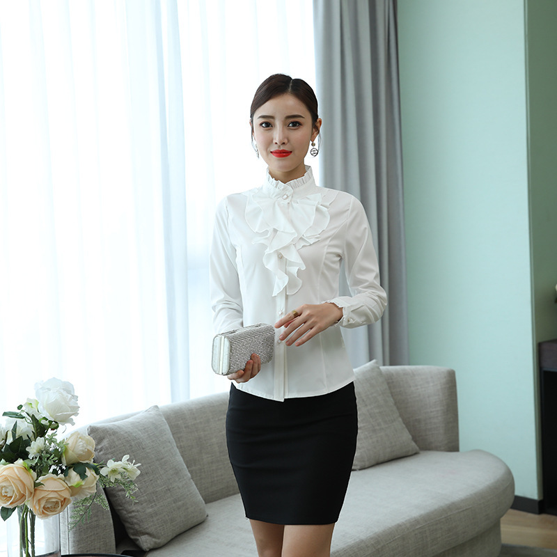 New Style Stand Collar Lace Purple Shirt White Collar Women's Slim-fit Stand Collar Shirt Long Sleeve Autumn and Winter Base Shirt for Women
