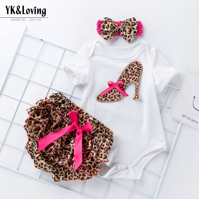 Summer baby girl cartoon white short-sleeved romper shorts polka dot leopard bow satin pp pants suit
