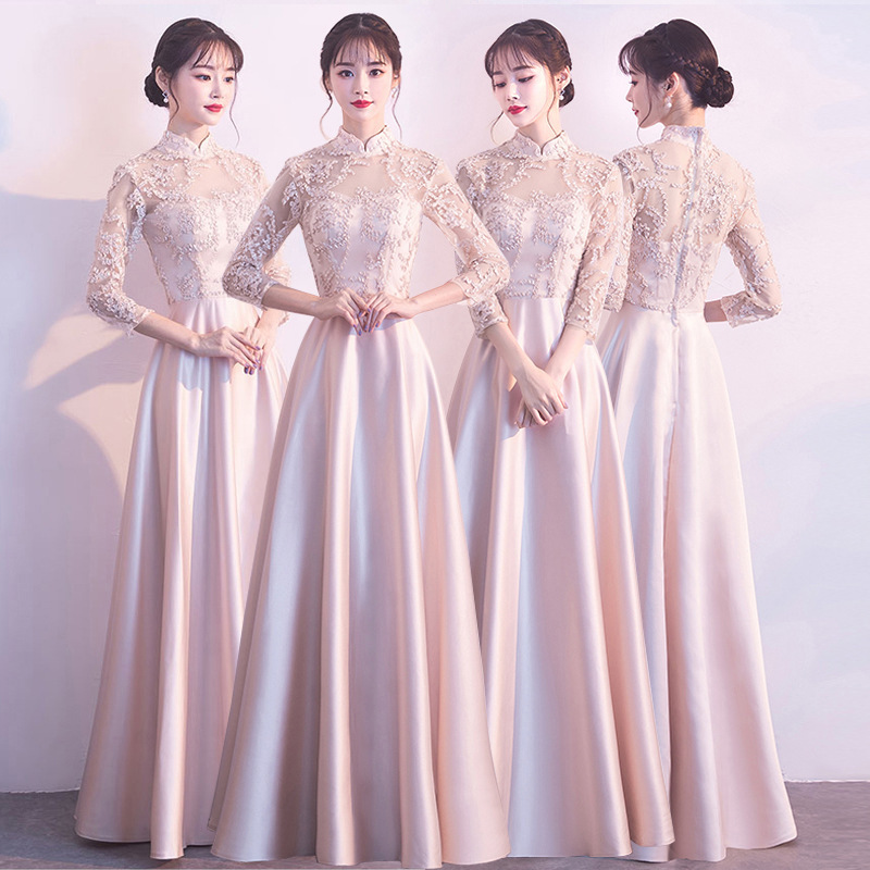 Sisters group clothes wholesale with long sleeve new bridesmaid group sisters dress performance chorus host evening dress for women
