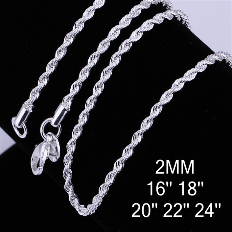 Silver Plated 2MM Twisted Rope Necklace 16-24 Inch