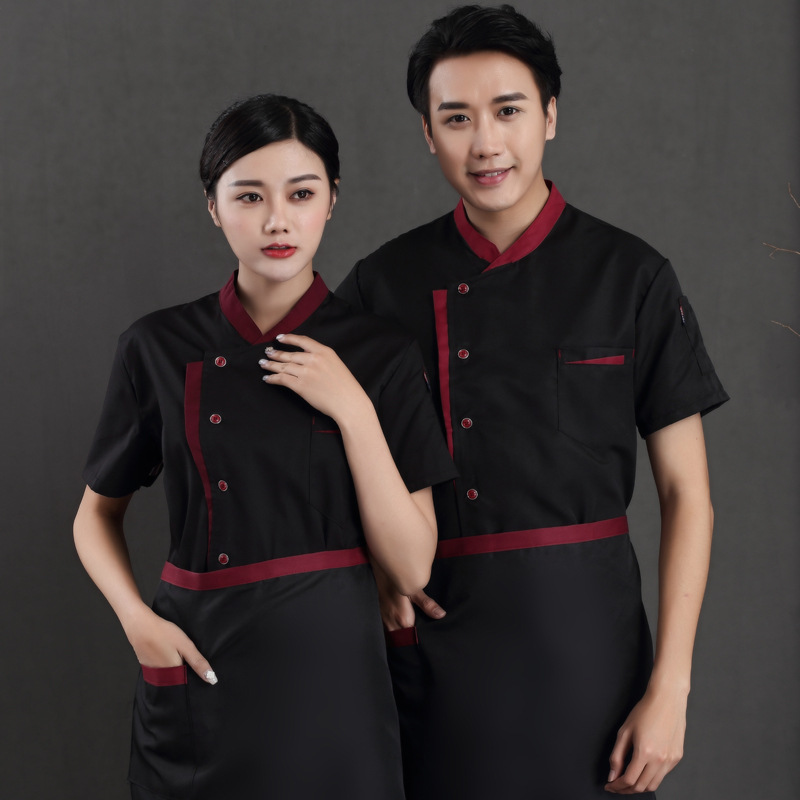 厨师工作服男短袖夏季薄款加肥加大厨房餐饮食堂黑色透气厨师服