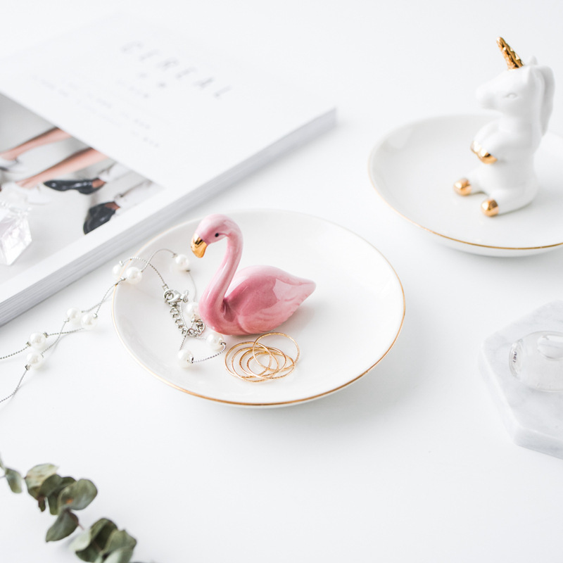 Nordic Style Crown Ceramic Jewelry Display Rack Tray Flamingo Storage Tray Pineapple Marble Ceramic Ornaments