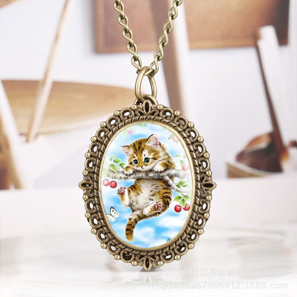 Qinggu Oval Patch Small Pocket Watch Cute Kitten Pattern Girl Fashion Jewelry Pendant Small Pocket Watch