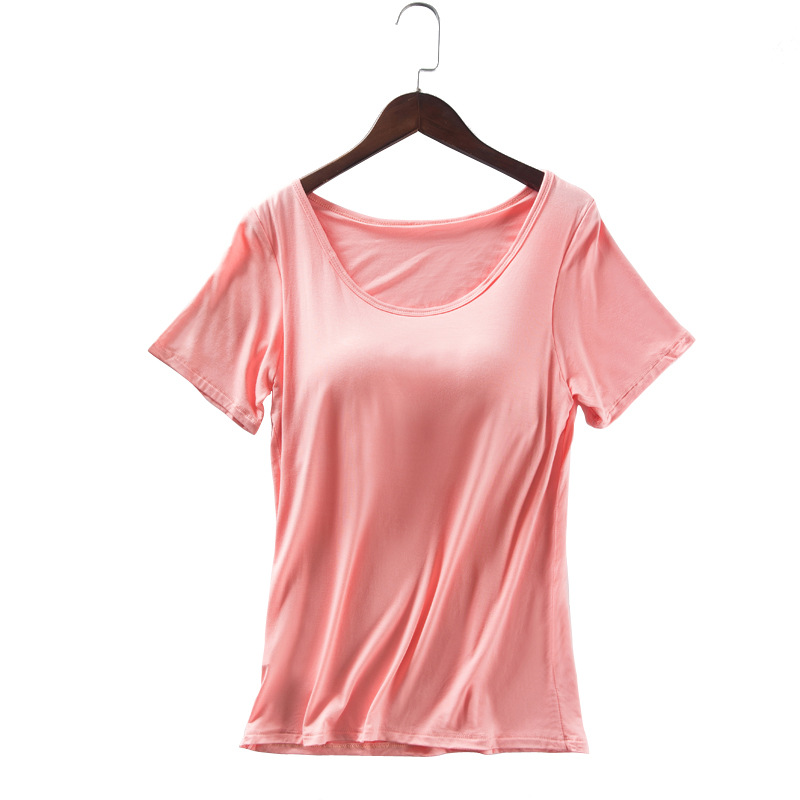 モーダル胸パッド付きカップ半袖女性夏半袖tシャツ無料ブラジャー一体スポーツベストメーカー卸売り