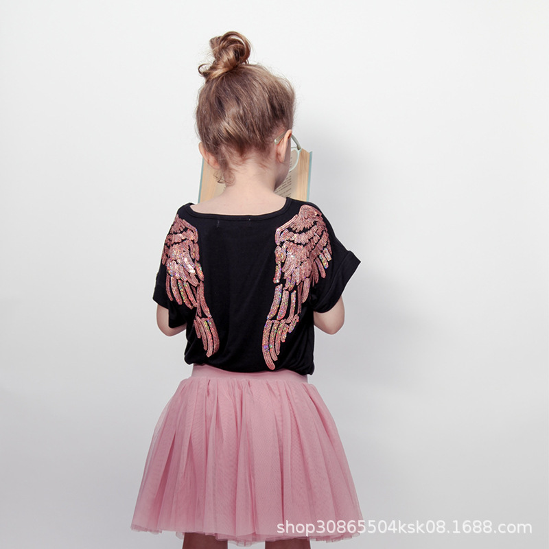 ins Angel Wings Sequin Embroidered T-shirt Children's Loose Cotton Parent-Child Short Sleeve Top for Girls and Boys Summer ins Angel Wings Sequin Embroidered T-shirt Children's Loose Cotton Parent-Child Short Sleeve Top for Girls and Boys Summer