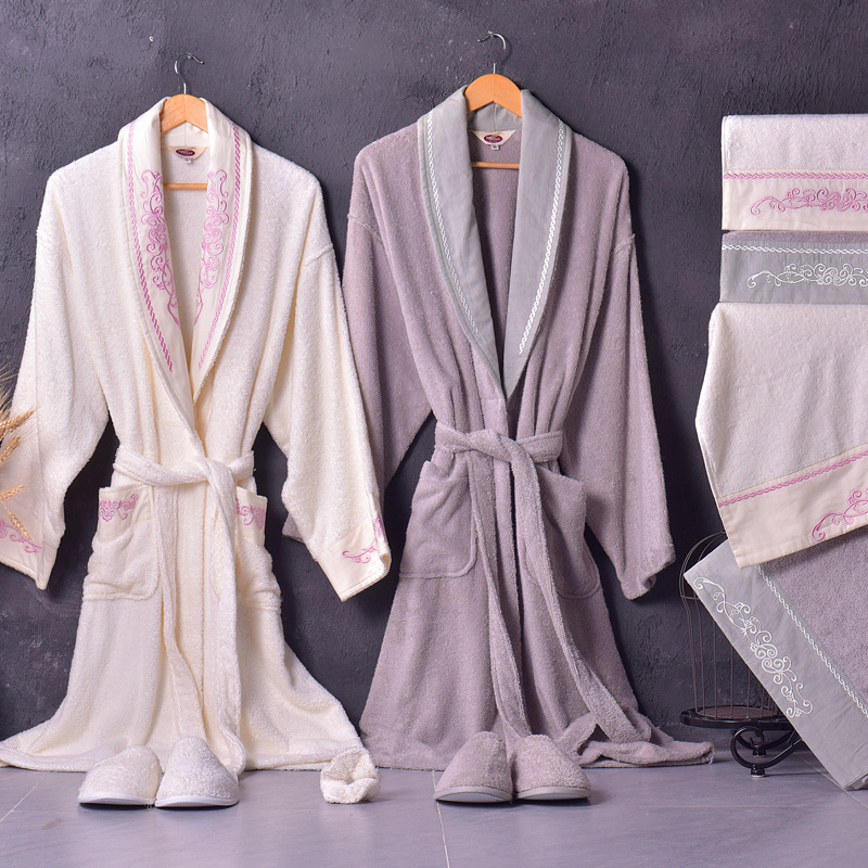 Cotton Pajamas Bathrobe Set Women's Nightgown Custom Processing Turkish Style Bathrobe Embroidered Nightgown Thickeneded Version Cotton Pajamas Bathrobe Set Women's Nightgown Custom Processing Turkish Style Bathrobe Embroidered Nightgown Thickeneded Version