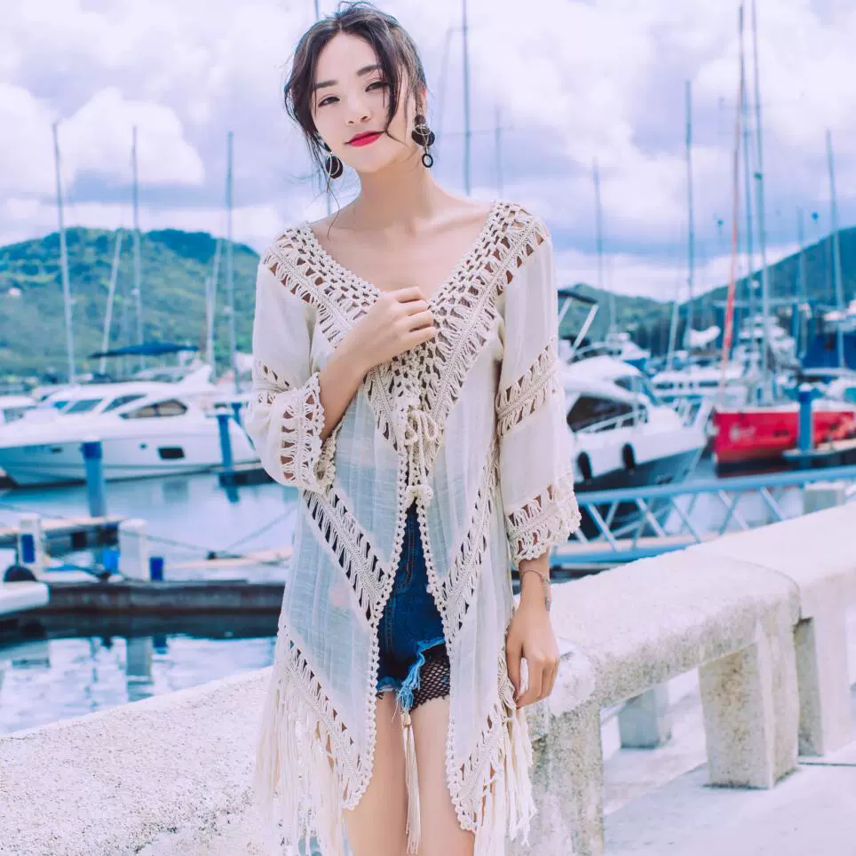 2023 пляжный отдых солнцезащитный крем с бахрома блузка пляжная одежда полые кружевные солнцезащитные костюмы средней и длинной кружевной кардиган