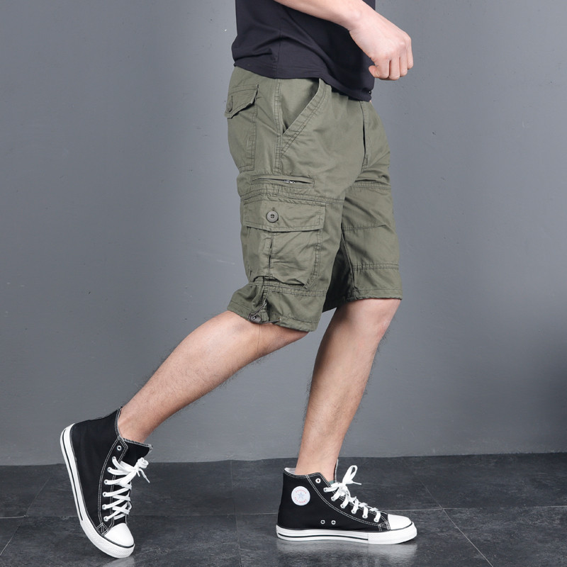 Pantalones cortos de verano de los hombres sueltos pantalones cortos de ropa de trabajo multibolsillos pantalones cortos de cremallera pequeños pantalones cortos de cintura elástica