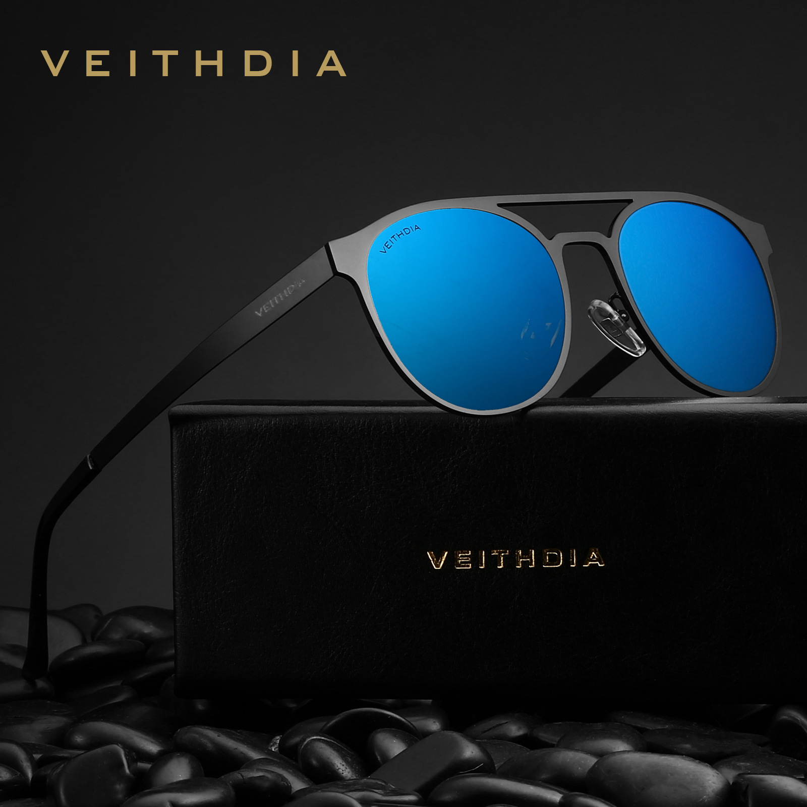 VEITHDIA hombres y mujeres retro gafas de sol polarizadas de acero inoxidable Tridimensional tallada gafas de sol de la marca de suministro directo 3900