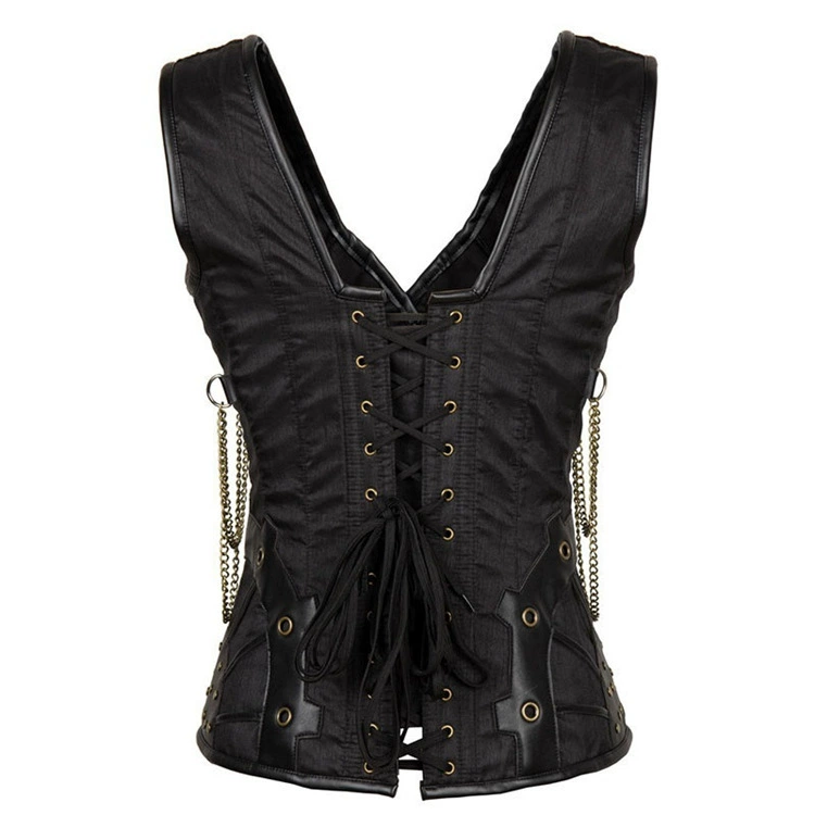 Gothic Steampunk Corset Top, steel-boned waist cincher with faux-leather accents and metal clasps