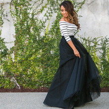 跨境欧美新款女装连衣裙一字领飘逸网纱长裙上衣条纹套装一件代发