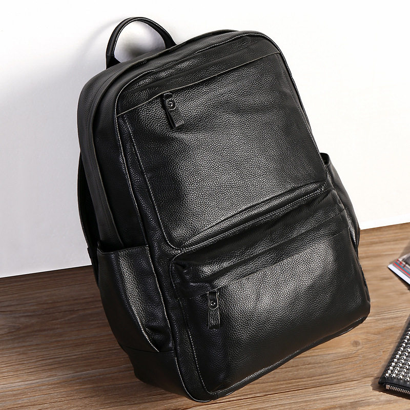 Ba lô nam da bò thật 15.6 inch chống nước, túi đeo vai du lịch đựng laptop 43×30×18 cm — Màu đen