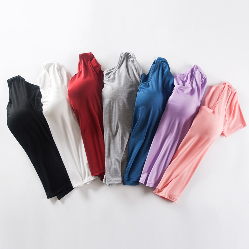 モーダル胸パッド付きカップ半袖女性夏半袖tシャツ無料ブラジャー一体スポーツベストメーカー卸売り