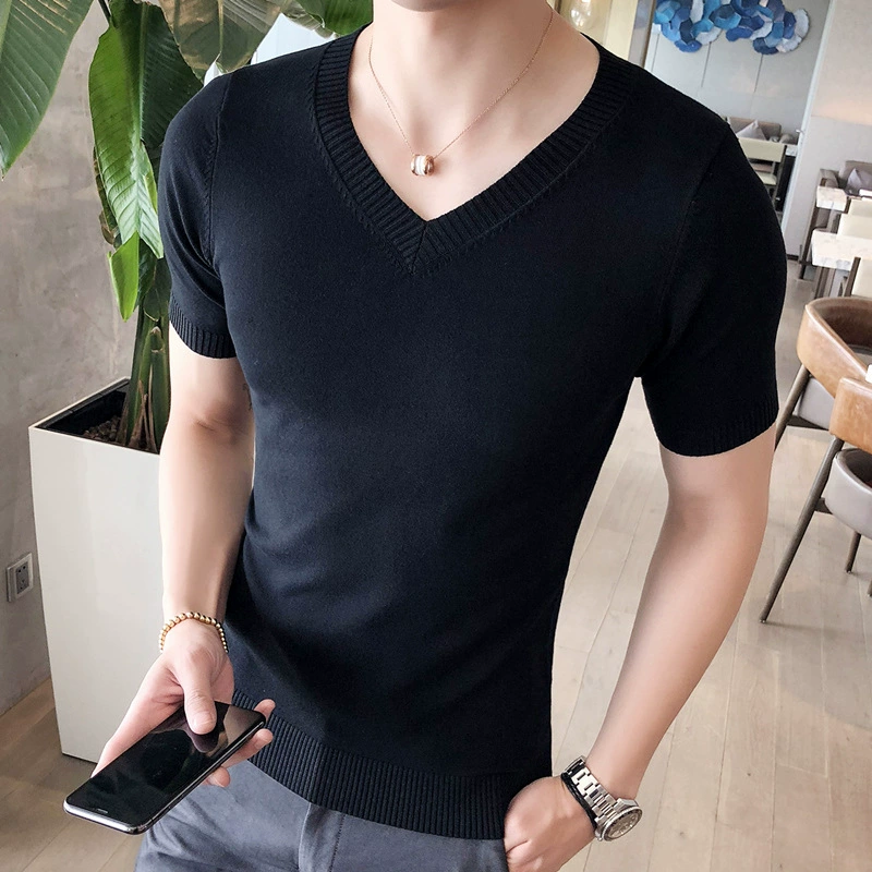 Новая Летняя мужская Трикотажная одежда из ледяного шелка, футболка с короткими рукавами, тонкая футболка с V-образным вырезом, Приталенный джемпер в Корейском стиле